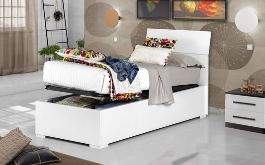 Dafne Italian Design Letto singolo contenitore bianco, rete ortopedica a doghe in legno cm. 93 x 209 x 100