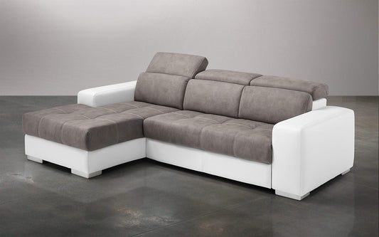 Dafne Italian Design Divano Letto angolare 3 posti con penisola a Sinistra. Similpelle Bianco, Similpelle Effetto Nabuk Talpa (cm. 259 x 178 x 94h)