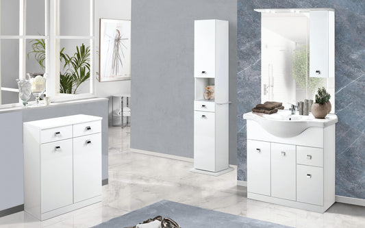 Mobile da bagno Missy finitura bianco lucido composto da: componibile bagno cm. 85x50x190 (base, lavabo, specchio, pensile) - colonna girevole cm. 43x43x186 - mobile con ante e cassetti cm. 69x34x80