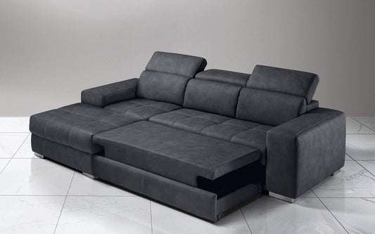 Dafne Italian Design Divano Letto angolare 3 posti con penisola a Sinistra. Similpelle Effetto Nabuk Grafite (cm. 259 x 178 x 94h)