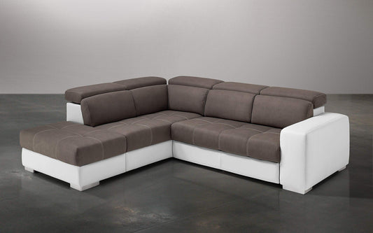 Dafne Italian Design Divano Letto angolare 3 posti con penisola a Sinistra. Similpelle Bianco, Similpelle Effetto Nabuk Elephant (cm. 266 x 230 x 94h)