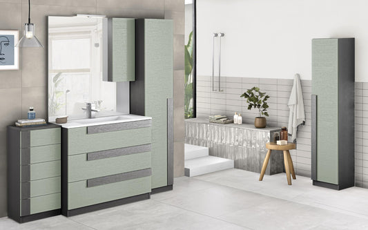 Mobile da bagno "Sandie" grigio scuro e verde: componibile cm 81x46x189 (base, lavabo, specchio, pensile) - colonna anta sx cm. 35x34x189 - mobile 5 cassetti cm 35x34x85, colonna anta dx 35x34x164