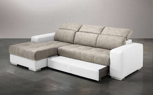 Dafne Italian Design Divano Letto angolare 3 posti con penisola a Sinistra. Similpelle Bianco, Similpelle Effetto Nabuk Light Grey (cm. 259 x 178 x 94h)