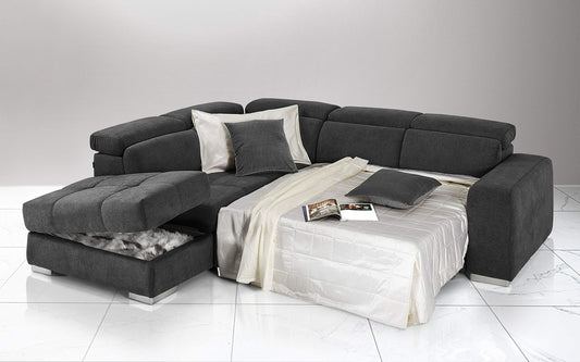 Dafne Italian Design Divano Letto angolare 3 posti con penisola a Sinistra. Tessuto Romeo Nero (cm. 266 x 230 x 94h)