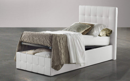 Letto singolo bianco con contenitore. Rivestito in similpelle. cm. 99 x 207 x 114(Serie: Dafne-Letti-ST)