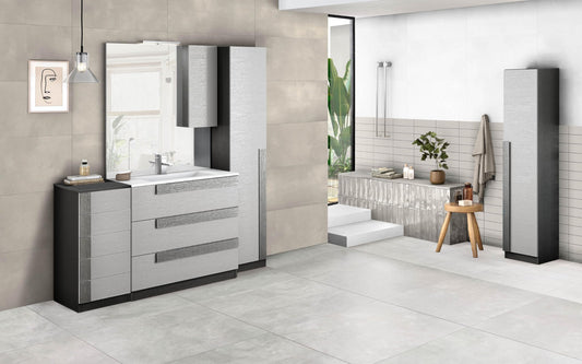 Mobile da bagno "Sandie" grigio chiaro e scuro componibile cm 81x46x189 (base, lavabo, specchio, pensile) - colonna anta sx cm. 35x34x189 - mobile 5 cassetti cm 35x34x85, colonna anta dx 35x34x164