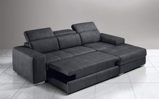 Dafne Italian Design Divano Letto angolare 3 posti con penisola a Destra. Similpelle Effetto Nabuk Grafite (cm. 259 x 178 x 94h)
