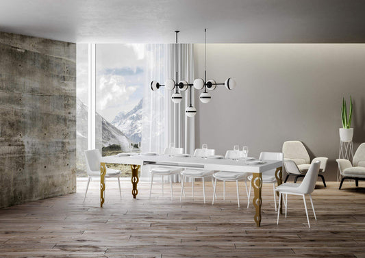 Dafne Italian Design Tavolo Karamay allungabile piano Bianco Lucido 90x180 allungato 440 telaio oro