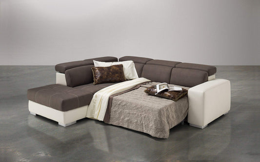 Dafne Italian Design Divano Letto angolare 3 posti con penisola a Sinistra. Similpelle Milk, Similpelle Effetto Nabuk Elephant (cm. 266 x 230 x 94h)