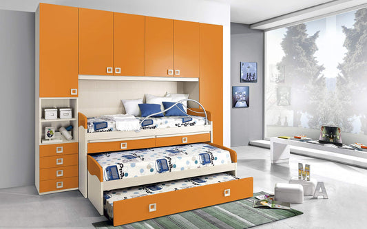 Dafne Italian Design Cameretta Completa a Ponte - Effetto Betulla, Mandarino (Triplo Letto Singolo e Armadio) (cm. 300 x 96 x 259h)
