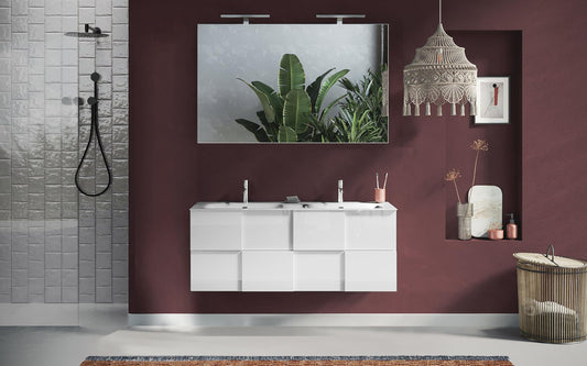 Mobile da bagno componibile sospeso con doppio lavabo "Dame" color bianco lucido cm. 100 x 45 x 85 (base, lavabo, specchio, pensile)