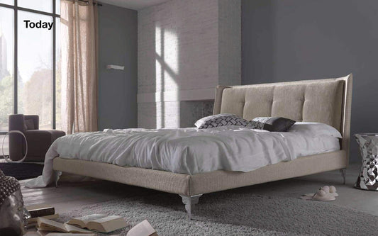 Dafne Italian Design Letto matrimoniale in tessuto beige con piedini e testata trapuntata