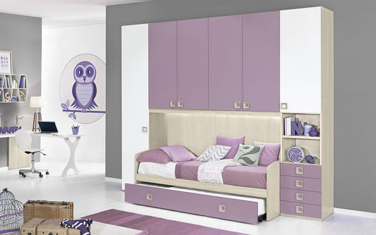 Dafne Italian Design Cameretta Completa a Ponte - Effetto Betulla, Bianco, Quarzo (Doppio Letto Singolo e Armadio) (cm. 300 x 96 x 259h)