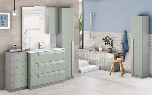 Mobile da bagno "Sandie" grigio chiaro e verde: componibile cm 81x46x189 (base, lavabo, specchio, pensile) - colonna anta sx cm. 35x34x189 - mobile 5 cassetti cm 35x34x85, colonna anta dx 35x34x164