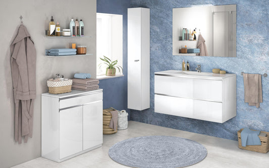 Mobile da bagno "Vichy" finitura bianco lucido composto da: componibile bagno sospeso cm 101x46x189 (base, lavabo, specchio) - colonna sospesa cm. 25x27x160 - base mobile a terra cm. 69x34x85