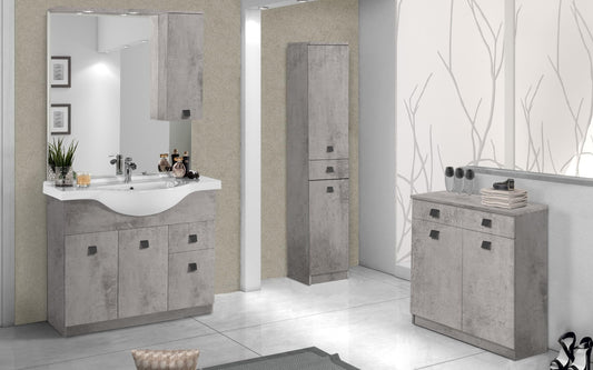 Mobile da bagno Missy finitura cemento grigio composto da: componibile bagno cm. 105x50x190 (base, lavabo, specchio, pensile)-colonna cm.34x34x150-mobile con ante e cassetti cm. 69x34x80