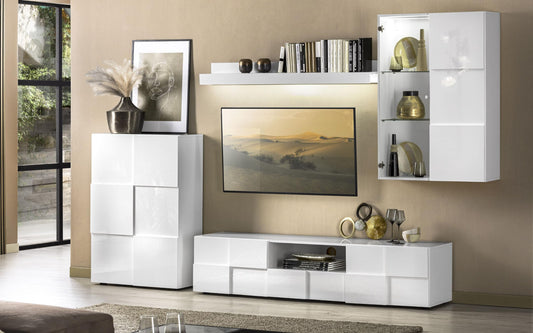 Mobile da soggiorno moderno "Dame" color bianco lucido: base tv 187x43x42, pensile vetrina sospeso 78x31x113, mensola a muro 138x191x16, madia 2 ante 78x35x115