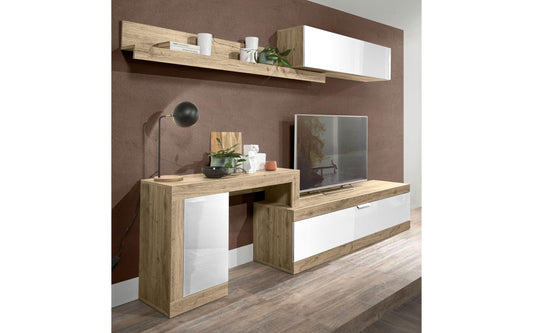 Dafne Italian Design Mobile da soggiorno moderno stile nordico Slimmy cm.280 x 42 x 185 colore bianco lucido e rovere: base tv, scrivania con anta a battente, pensile orizzontale e mensola