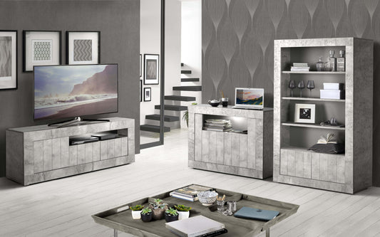 Dafne Italian Design Mobile da soggiorno moderno Urby colore grigio chiaro: base tv 3 ante cm. 138x42x56; una vetrina cm. 110x42x189; una madia cm. 110x42x86.