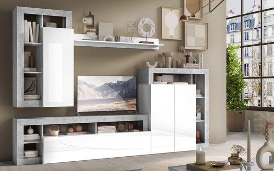 Dafne Italian Design Mobile da soggiorno moderno Amby color bianco lucido e grigio cemento cm. 290 x 42 x 205 (base tv, pensile, libreria, madie, mensola)