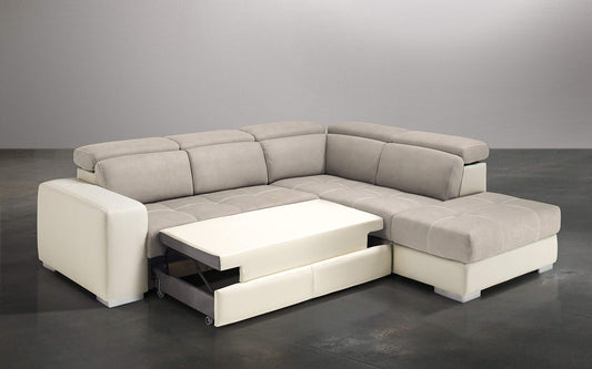 Dafne Italian Design Divano Letto angolare 3 posti con penisola a Destra. Similpelle Milk, Similpelle Effetto Nabuk Beige (cm. 266 x 230 x 94h)