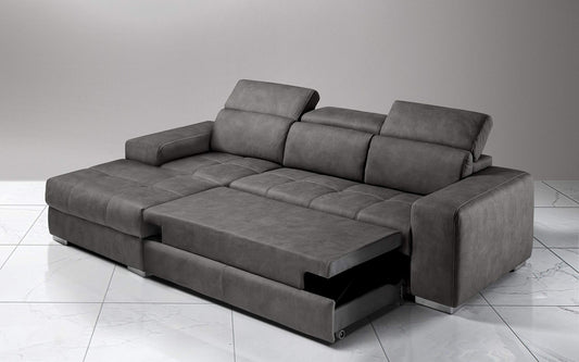 Dafne Italian Design Divano Letto angolare 3 posti con penisola a Sinistra. Similpelle Effetto Nabuk Nero (cm. 259 x 178 x 94h)