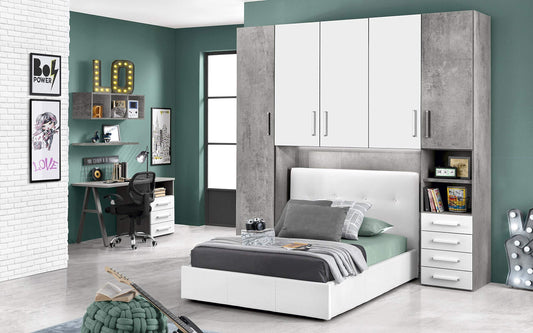 TUTTOCAMERETTE.IT Cameretta a Ponte con Letto Bianco Una Piazza e Mezza - Composto da un'anta Lunga, 4 Ante Medie, Piccolo vano a Giorno e cassettiera.cm. 243 x 55 x 245