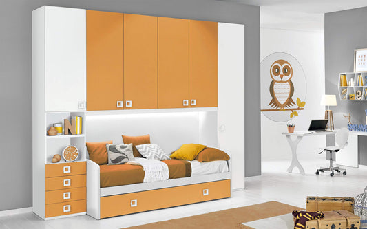 Dafne Italian Design Cameretta Completa a Ponte - Bianco, Mandarino (Doppio Letto Singolo e Armadio) (cm. 300 x 96 x 259h)