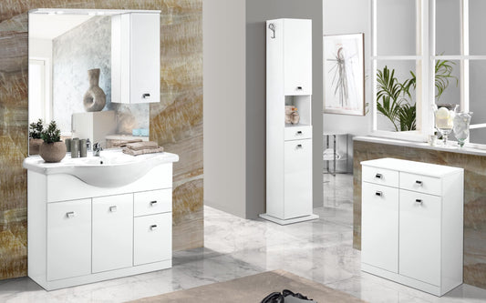 Mobile da bagno "Missy" finitura bianco lucido composto da: componibile bagno cm. 105x45x190 (base, lavabo, specchio, pensile) - colonna girevole cm. 43x43x186 - mobile ante e cassetti cm. 69x34x80
