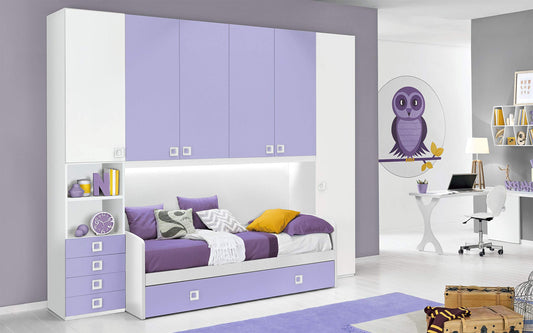 Dafne Italian Design Cameretta Completa a Ponte - Bianco, Malva (Doppio Letto Singolo e Armadio) (cm. 300 x 96 x 259h)
