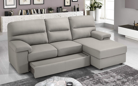 Dafne Italian Design Divano Letto angolare 3 posti con Chaise a Destra. Similpelle Light Grey (cm. 257 x 163 x 96h)