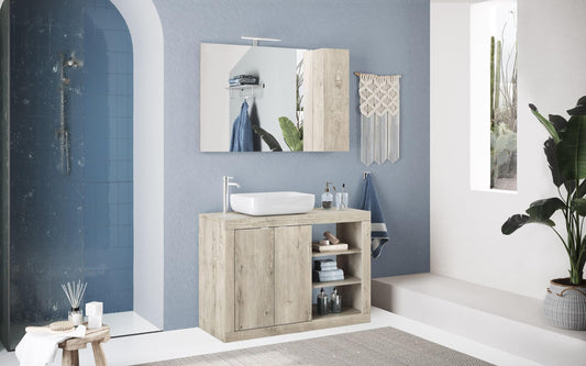 Dafne Italian Design Mobile da bagno componibile Basy color legno chiaro cm. 110 x 44 x 90 (base, lavabo, specchio, pensile)