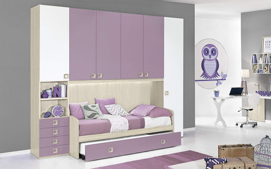 Dafne Italian Design Cameretta Completa a Ponte - Effetto Betulla, Bianco, Quarzo (Doppio Letto Singolo e Armadio) (cm. 300 x 96 x 259h)