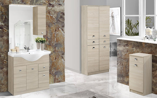 Mobile da bagno "Missy" finitura olmo perla composto da: componibile bagno cm. 105x50x190 (base, lavabo, specchio, pensile) - colonna 2 ante cm. 69x34x150 - mobile con anta e cassetto cm. 34x34x80