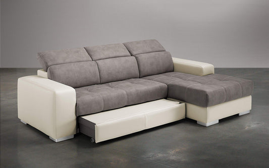 Dafne Italian Design Divano Letto angolare 3 posti con penisola a Destra. Similpelle Milk, Similpelle Effetto Nabuk Talpa (cm. 259 x 178 x 94h)
