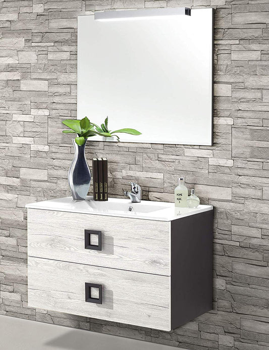 Dafne Italian Design Mobile da bagno sospeso cm. 81 x 47 x 190h colore grigio chiaro e grigio antracite - 2 cassetti con maniglie in metallo, lavabo integrato in ceramica e specchio con luce a Led.