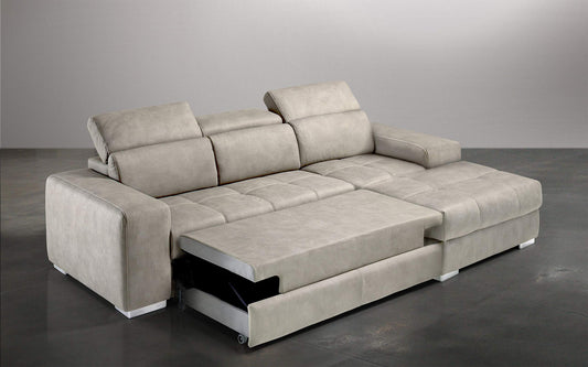 Dafne Italian Design Divano Letto angolare 3 posti con penisola a Destra. Similpelle Effetto Nabuk Light Grey (cm. 259 x 178 x 94h)