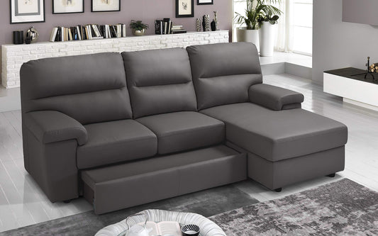 Dafne Italian Design Divano Letto angolare 3 posti con Chaise a Destra. Similpelle Mouse (cm. 257 x 163 x 96h)