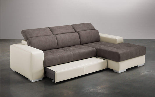 Dafne Italian Design Divano Letto angolare 3 posti con penisola a Destra. Similpelle Milk, Similpelle Effetto Nabuk Elephant (cm. 259 x 178 x 94h)