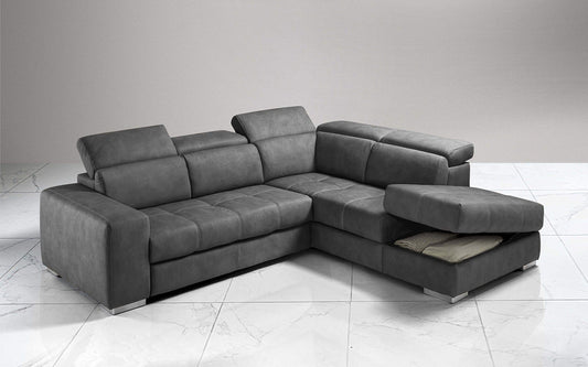 Dafne Italian Design Divano Letto angolare 3 posti con penisola a Destra. Similpelle Effetto Nabuk Cenere (cm. 266 x 230 x 94h)