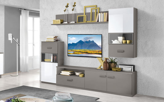 Dafne Italian Design Mobile da soggiorno moderno Pegy misura cm. 270x42x205 colore grigio titanio e bianco lucido: base tv, madia alta, pensile e mensola.