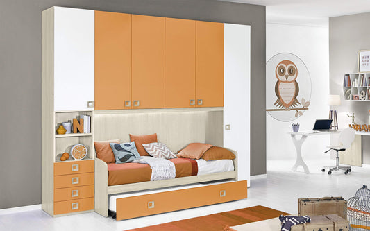 Dafne Italian Design Cameretta Completa a Ponte - Effetto Betulla, Bianco, Mandarino (Doppio Letto Singolo e Armadio) (cm. 300 x 96 x 259h)