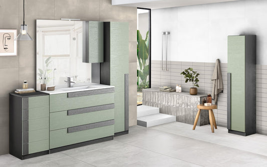 Mobile da bagno "Sandie" grigio scuro e verde: componibile cm 101x46x189 (base, lavabo, specchio, pensile) - colonna anta sx cm. 35x34x189 - mobile 5 cassetti cm 35x34x85, colonna anta dx 35x34x164