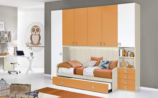 Dafne Italian Design Cameretta Completa a Ponte - Effetto Betulla, Bianco, Mandarino (Doppio Letto Singolo e Armadio) (cm. 300 x 96 x 259h)