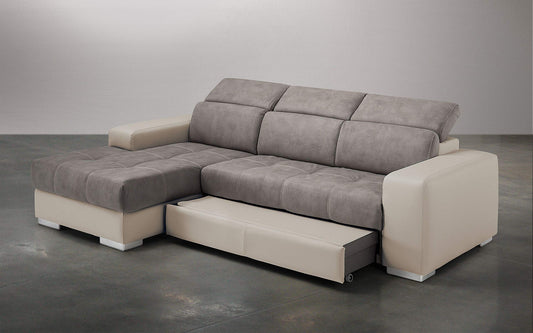 Dafne Italian Design Divano Letto angolare 3 posti con penisola a Sinistra. Similpelle Sabbia, Similpelle Effetto Nabuk Talpa (cm. 259 x 178 x 94h)