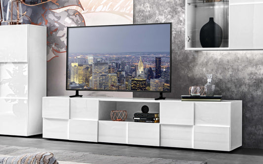 Mobile da soggiorno moderno "Dame" color bianco lucido: base tv 187x43x42, pensile vetrina sospeso 78x31x113, mensola a muro 138x191x16, madia 2 ante 78x35x115
