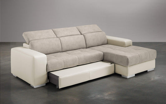 Dafne Italian Design Divano Letto angolare 3 posti con penisola a Destra. Similpelle Milk, Similpelle Effetto Nabuk Beige (cm. 259 x 178 x 94h)