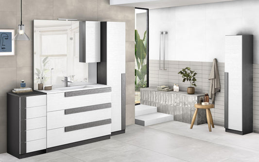 Mobile da bagno "Sandie" colore bianco e nero componibile cm 81x46x189 (base, lavabo, specchio, pensile) - colonna anta sx cm. 35x34x189 - mobile 5 cassetti cm 35x34x85, colonna anta dx 35x34x164