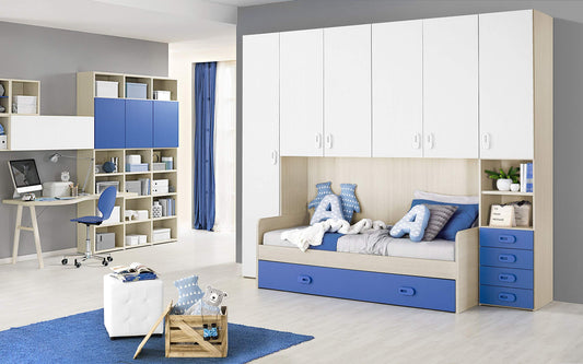 Dafne Italian Design TUTTOCAMERETTE.IT Cameretta Completa a Ponte 2 Letti - Effetto Pino Chiaro, Bianco, Cielo (Letto Singolo e Armadio) (cm. 295 x 93 x 245h)