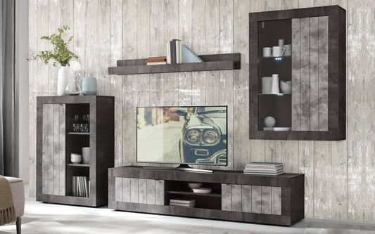 Mobile da soggiorno moderno "Urby" colore grigio chiaro e grigio scuro: base tv cm. 184x42x42; un pensile vetrina sospesa cm. 78x30x113; una mensola sospesa cm. 138x19x16; una madia cm. 78x35x114